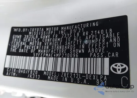 2021 Toyota Corolla Le z USA, uszkodzony, nr VIN 5YFEPMAE4MP210096